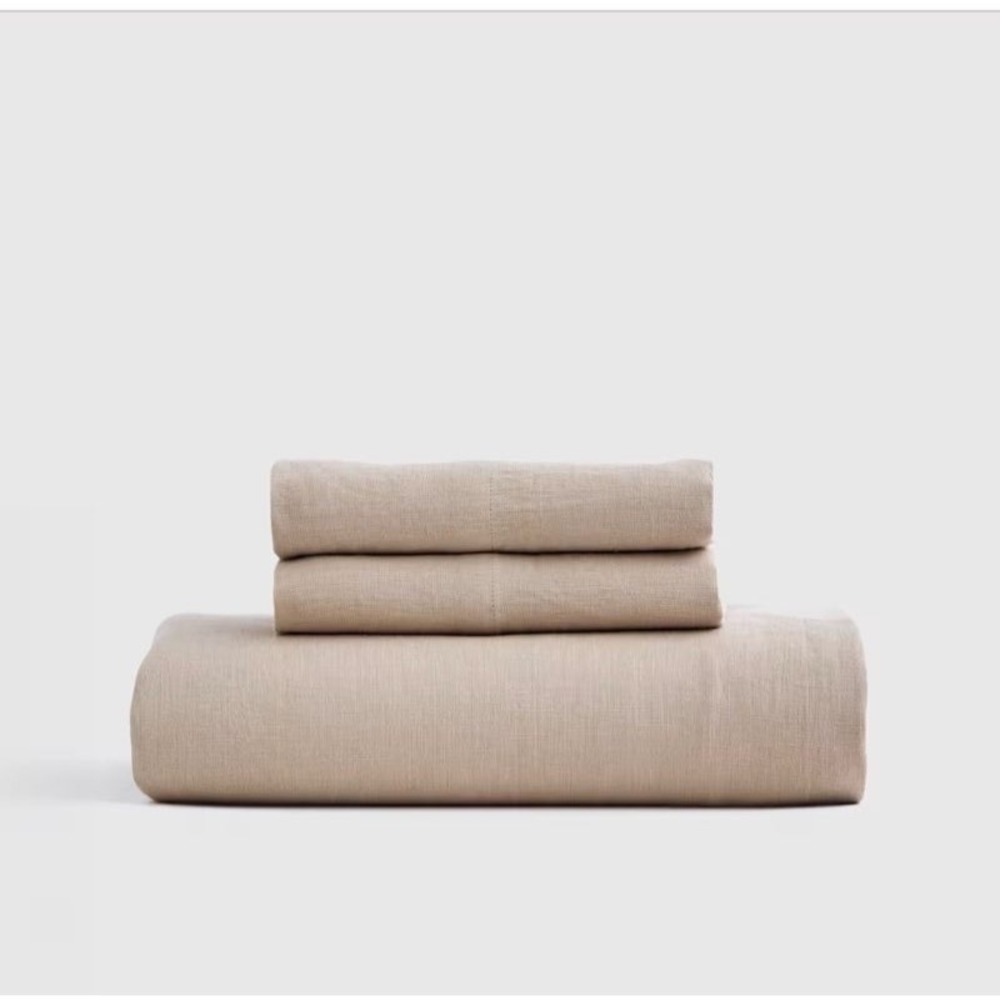 Quince European Linen Fitted Sheet Queen Sand Beige 100% Linen 16" Deep Pocket